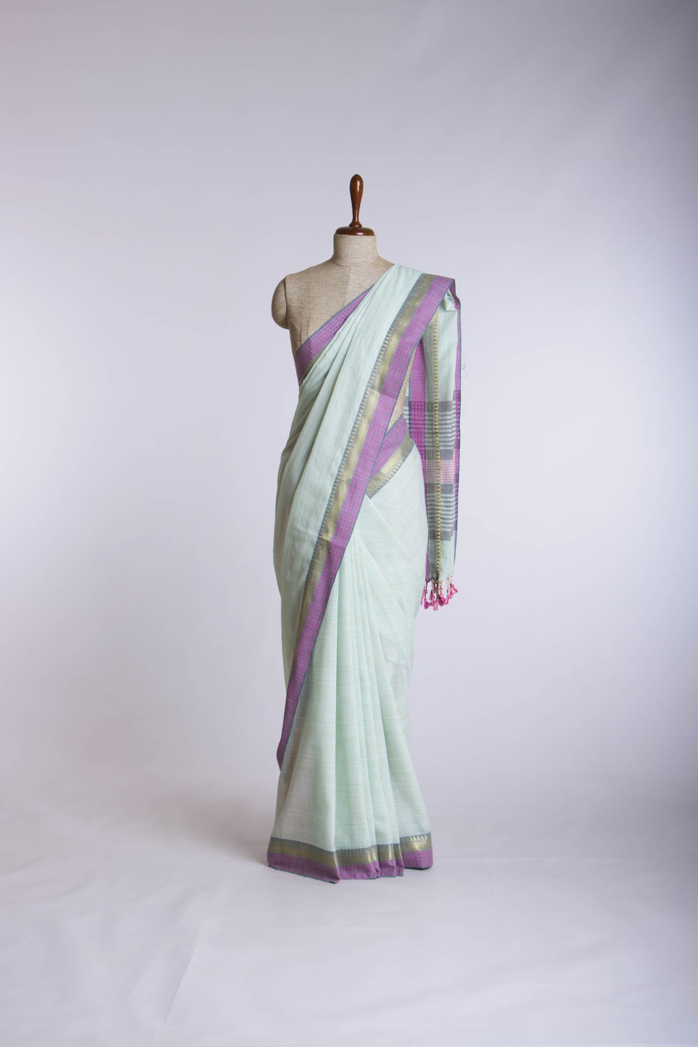 Alikam Khadi Cotton saree in Ice Blue with white slub texture -(SA-077) - Dakshin Weaves