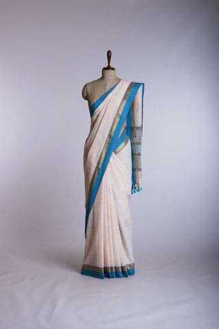 Alikam Khadi Cotton saree in Ice Blue with white slub texture -(SA-077) - Dakshin Weaves