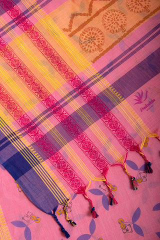 Chettinadu Cotton Saree in Lime Green and unique Block print motif -(SA-115)
