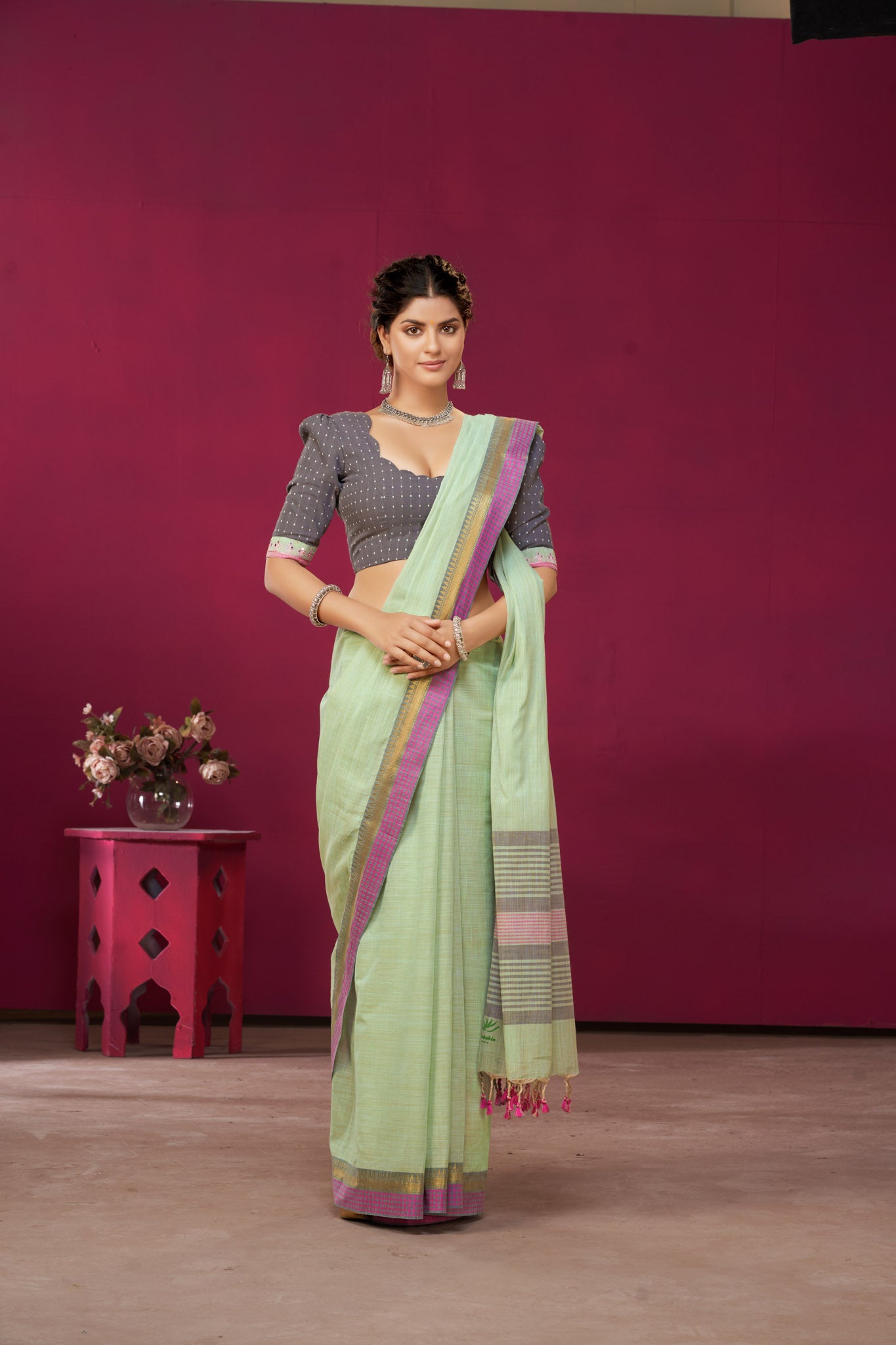 Alikam Khadi Cotton saree in Ice Blue with white slub texture -(SA-077) - Dakshin Weaves