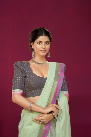 Alikam Khadi Cotton saree in Ice Blue with white slub texture -(SA-077) - Dakshin Weaves