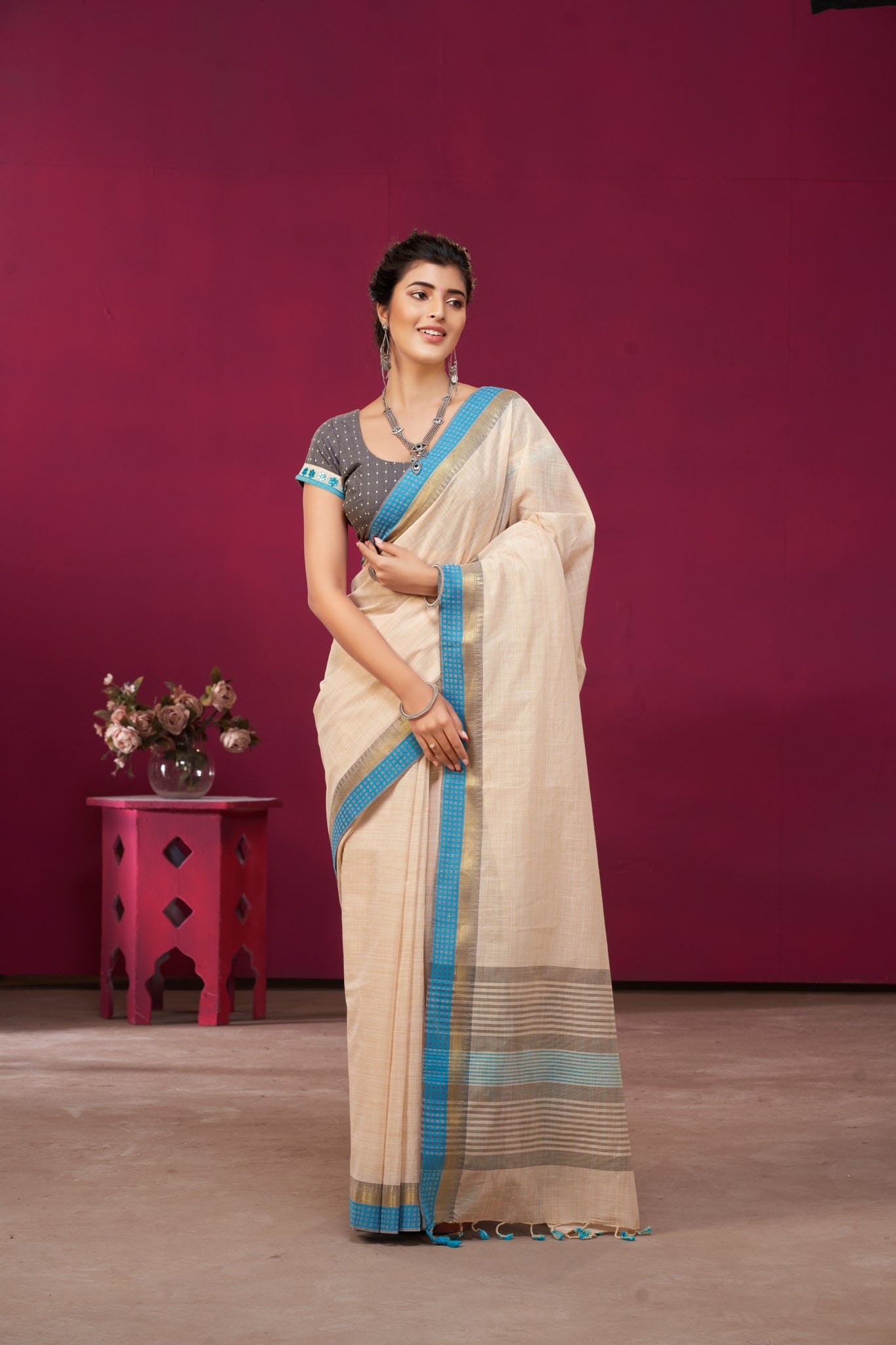 Alikam Khadi Cotton saree in Ice Blue with white slub texture -(SA-077) - Dakshin Weaves