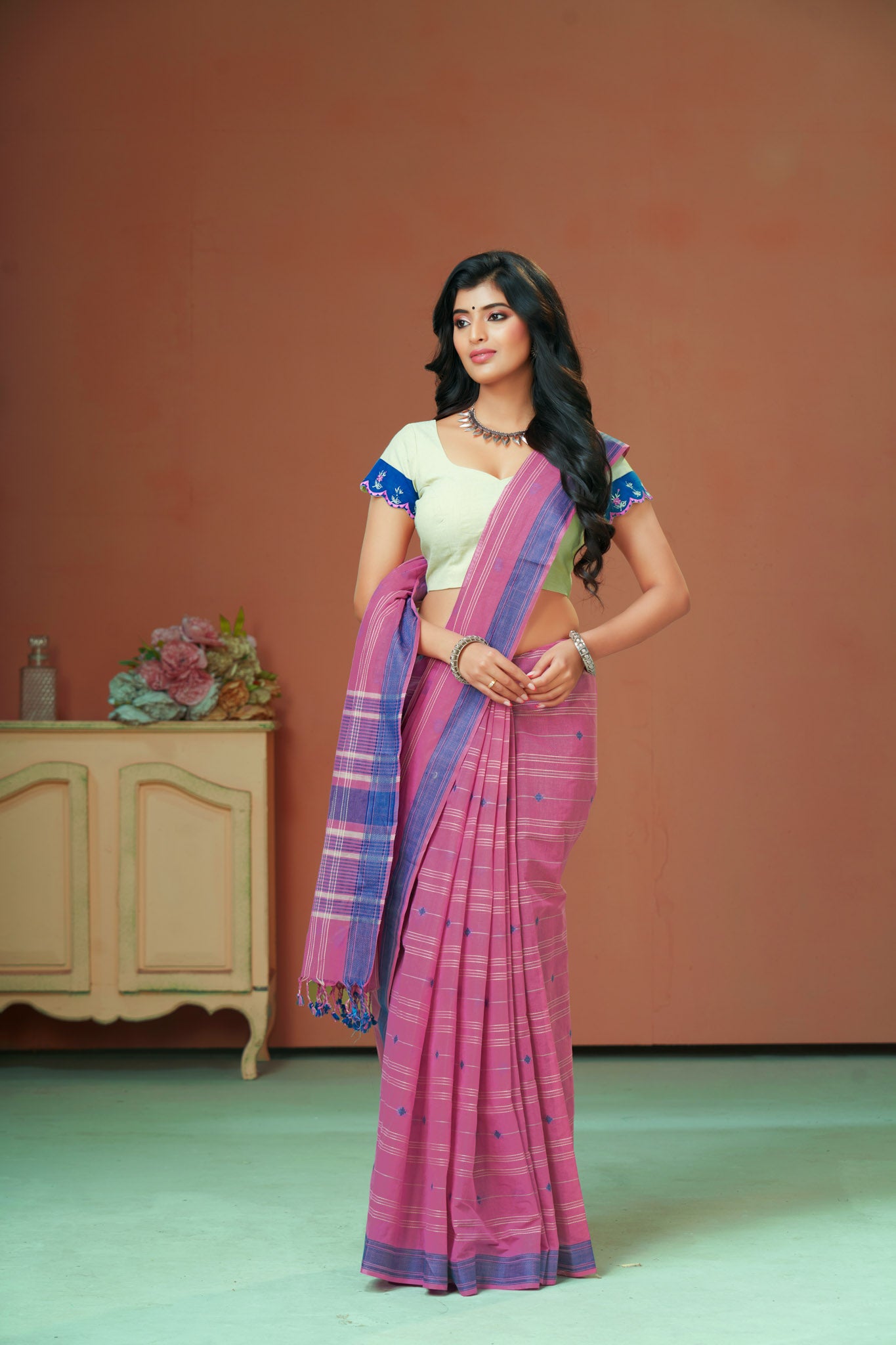 Venkatagiri Cotton saree in Grape Purple with hand woven lines and buttas - (SA-076) - Dakshin Weaves