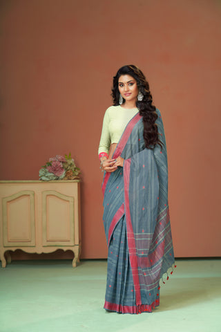 Venkatagiri Cotton saree in Grape Purple with hand woven lines and buttas - (SA-076) - Dakshin Weaves