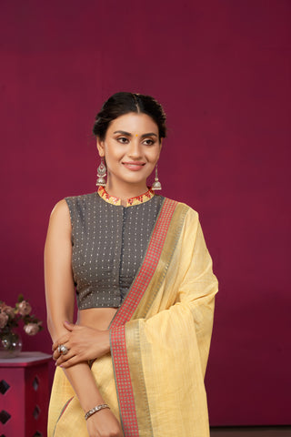 Alikam Khadi Cotton saree in Ice Blue with white slub texture -(SA-077) - Dakshin Weaves